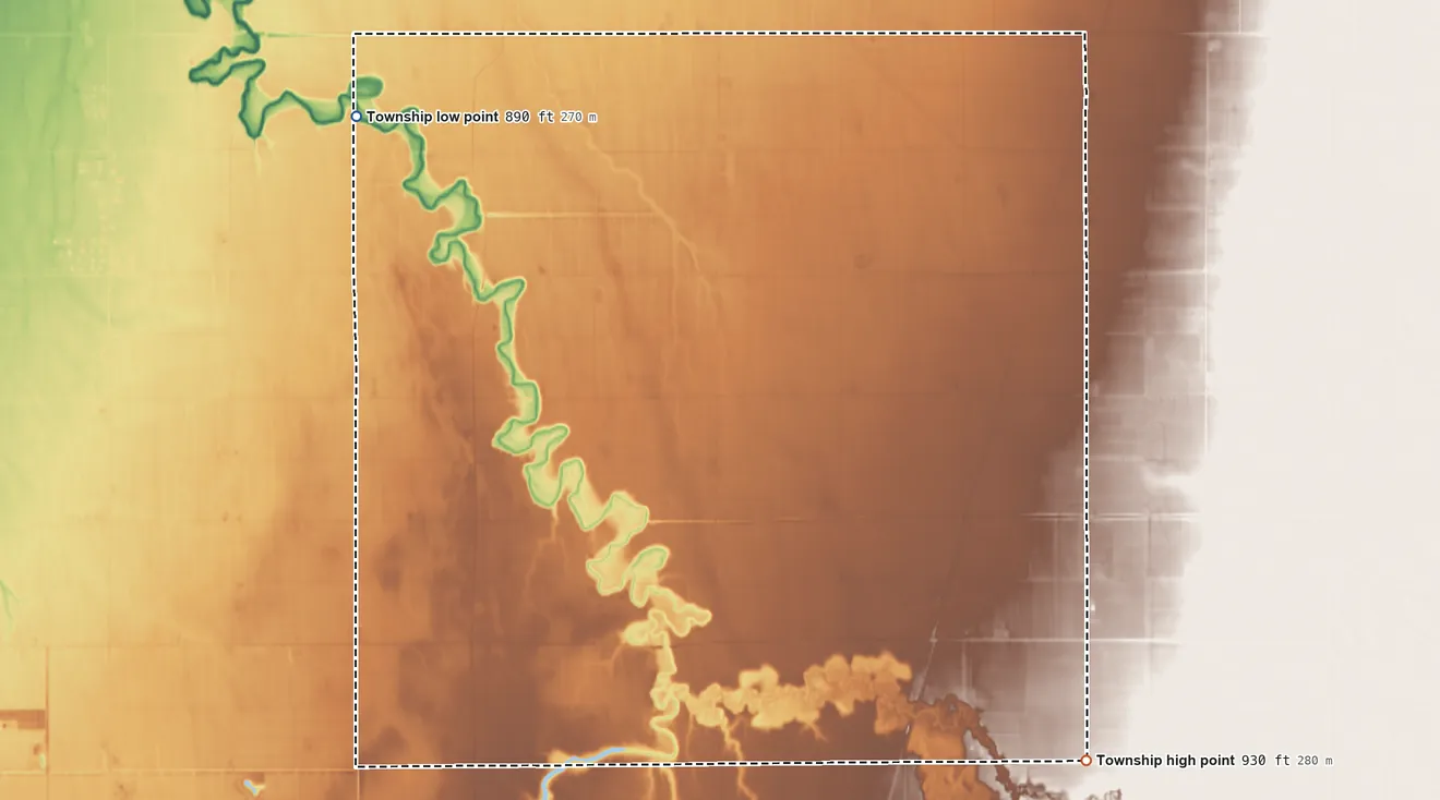 Topographic elevation map of Moland Township, Minnesota, shaded from 890 ft on the northwest side to 930 ft on the southeast side