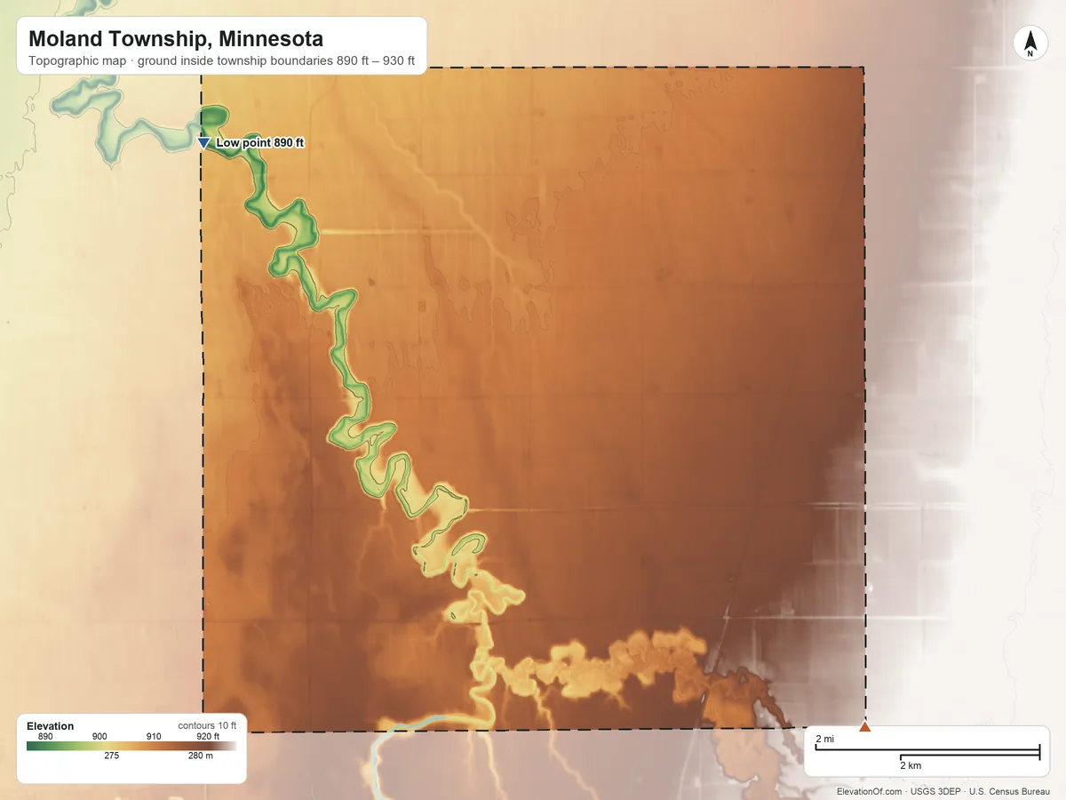 Topographic elevation map of Moland Township, Minnesota, shaded from 890 ft on the northwest side to 930 ft on the southeast side