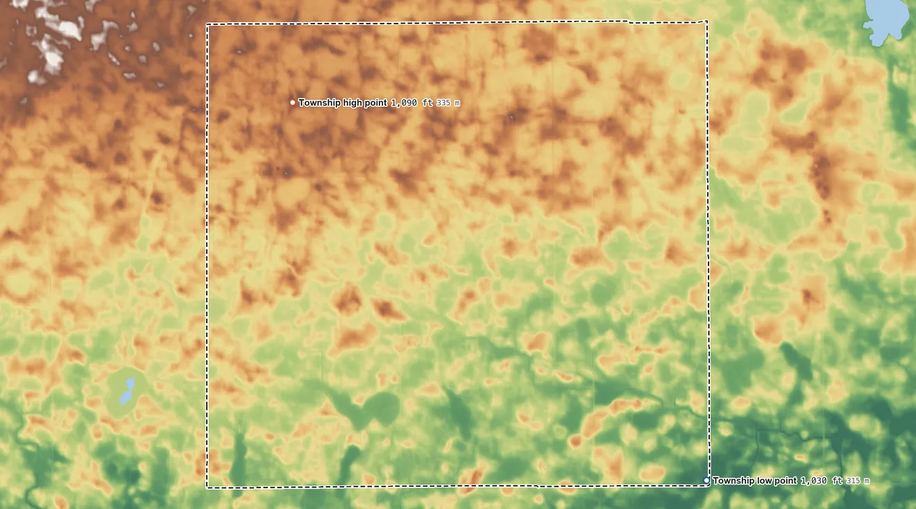 Topographic elevation map of Moltke Township, Minnesota, shaded from 1,030 ft on the southeast side to 1,090 ft on the northwest side