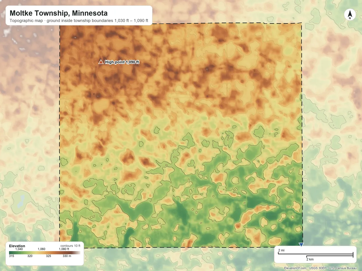 Topographic elevation map of Moltke Township, Minnesota, shaded from 1,030 ft on the southeast side to 1,090 ft on the northwest side