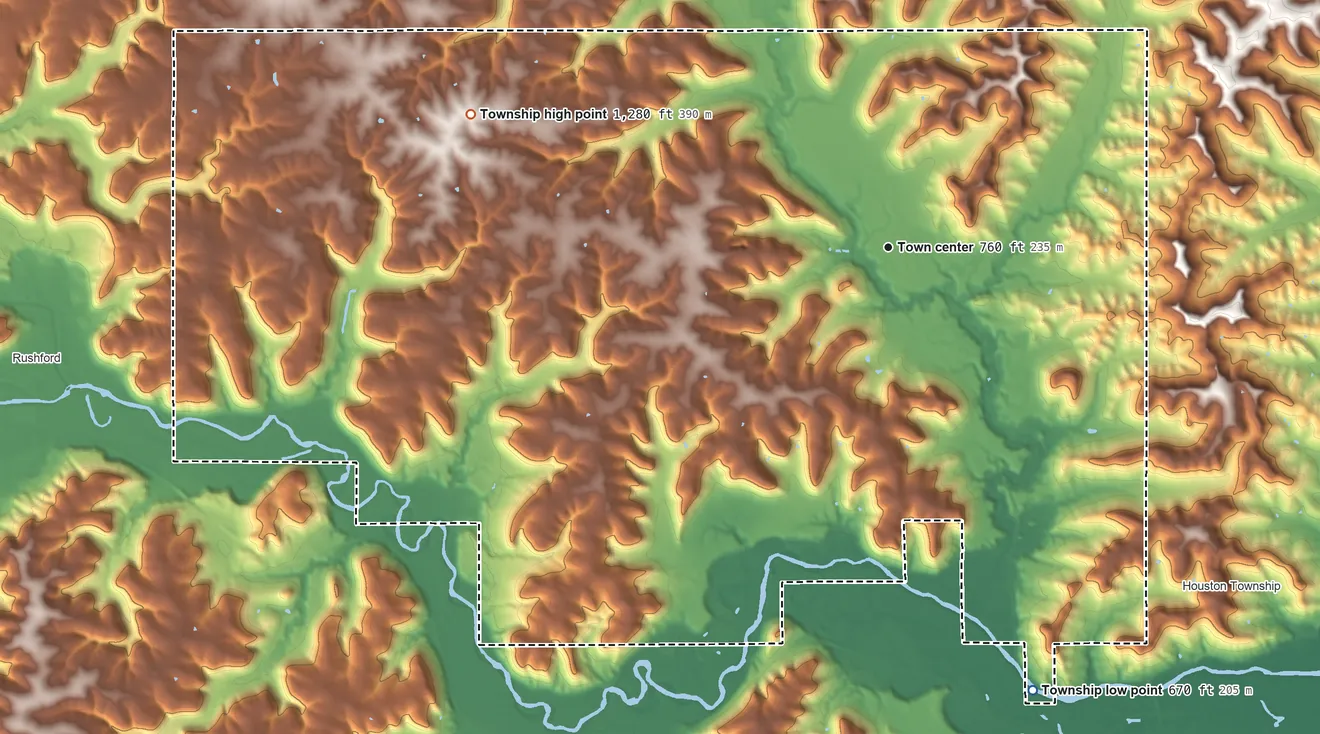 Topographic elevation map of Money Creek Township, Minnesota, shaded from 670 ft on the south side to 1,280 ft on the west side