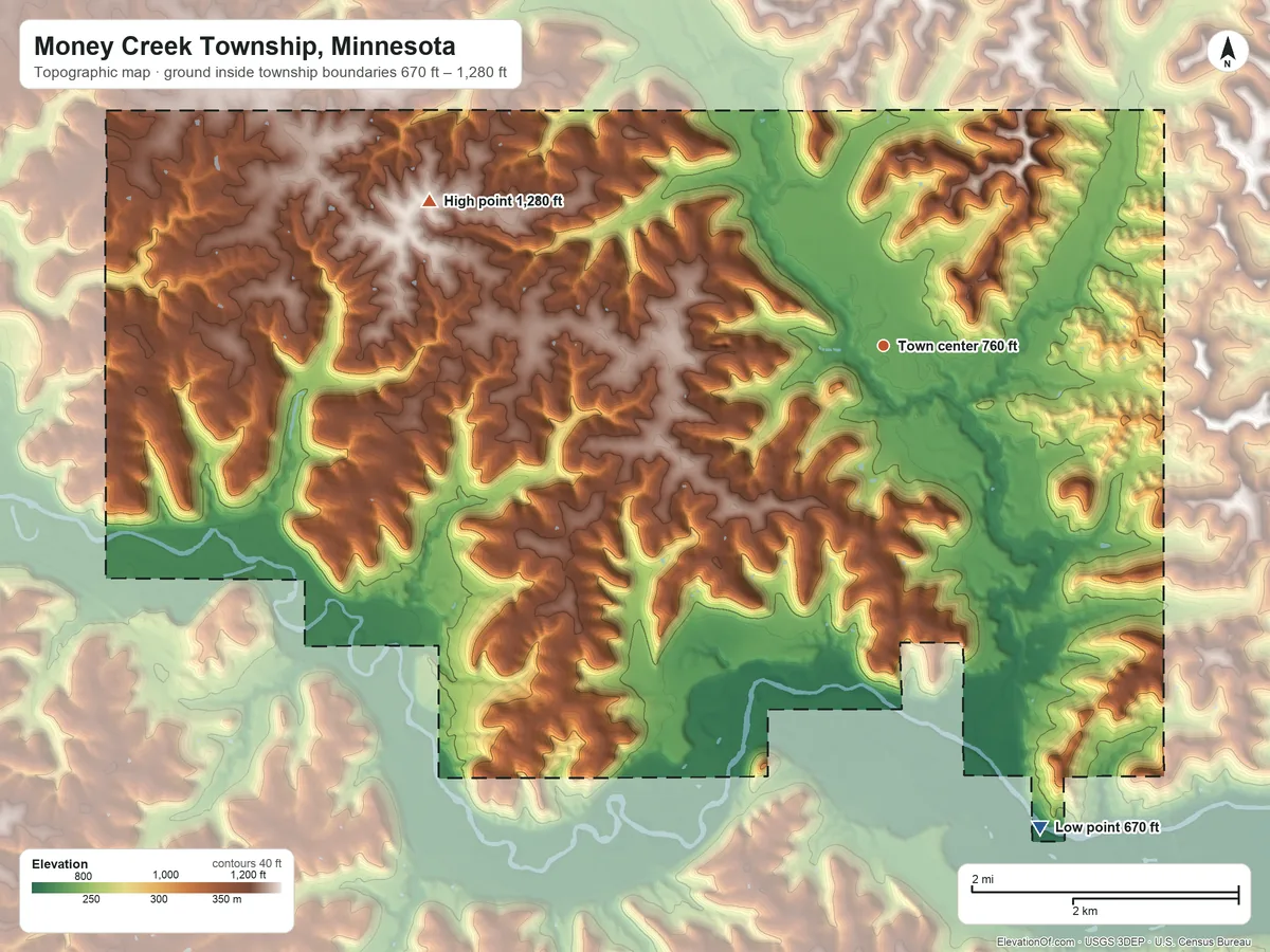 Topographic elevation map of Money Creek Township, Minnesota, shaded from 670 ft on the south side to 1,280 ft on the west side