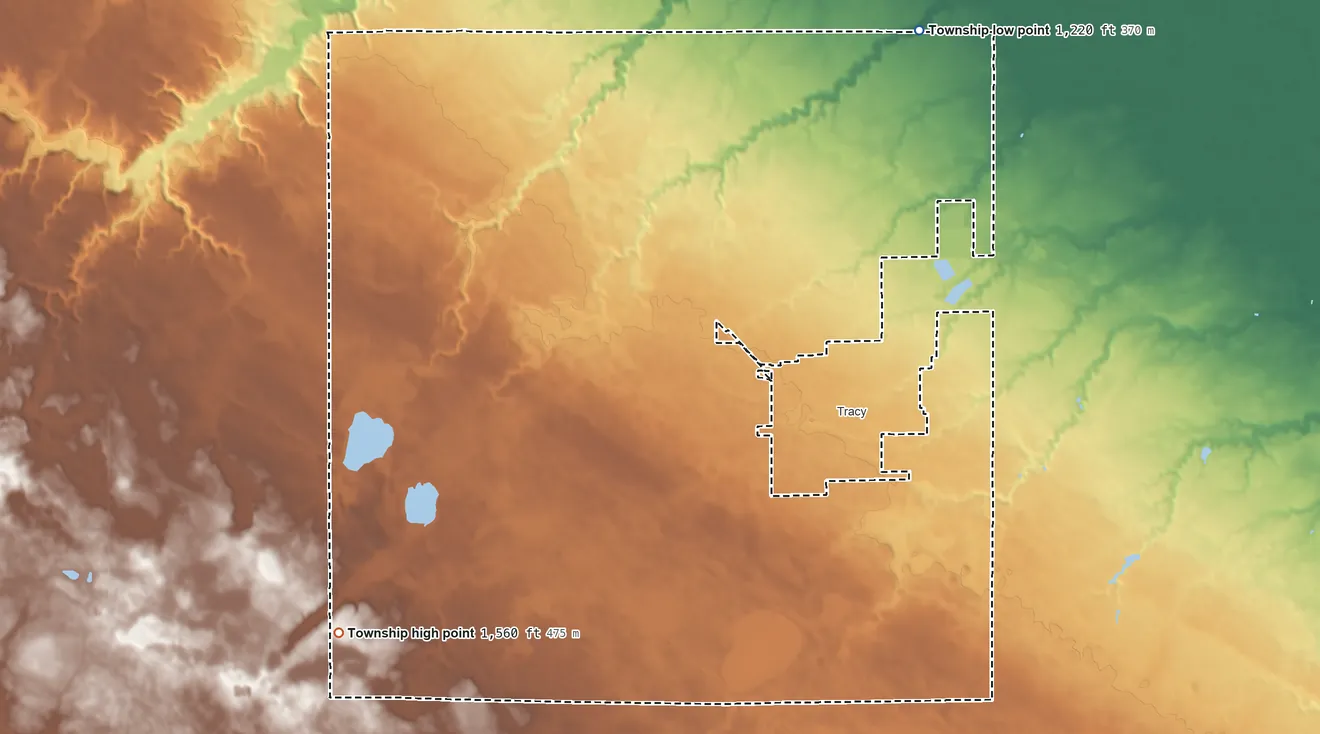 Topographic elevation map of Monroe Township, Minnesota, shaded from 1,220 ft on the northeast side to 1,560 ft on the southwest side