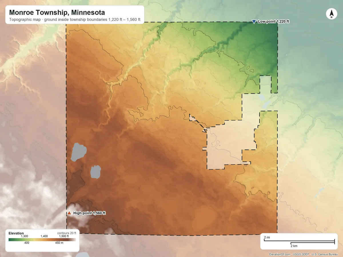 Topographic elevation map of Monroe Township, Minnesota, shaded from 1,220 ft on the northeast side to 1,560 ft on the southwest side