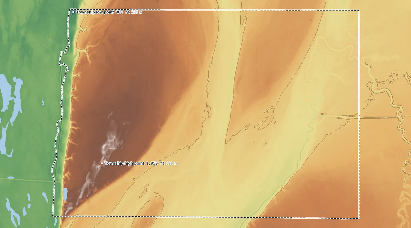 Topographic elevation map of Monson Township, Minnesota, shaded from 960 ft on the northwest side to 1,050 ft on the southwest side