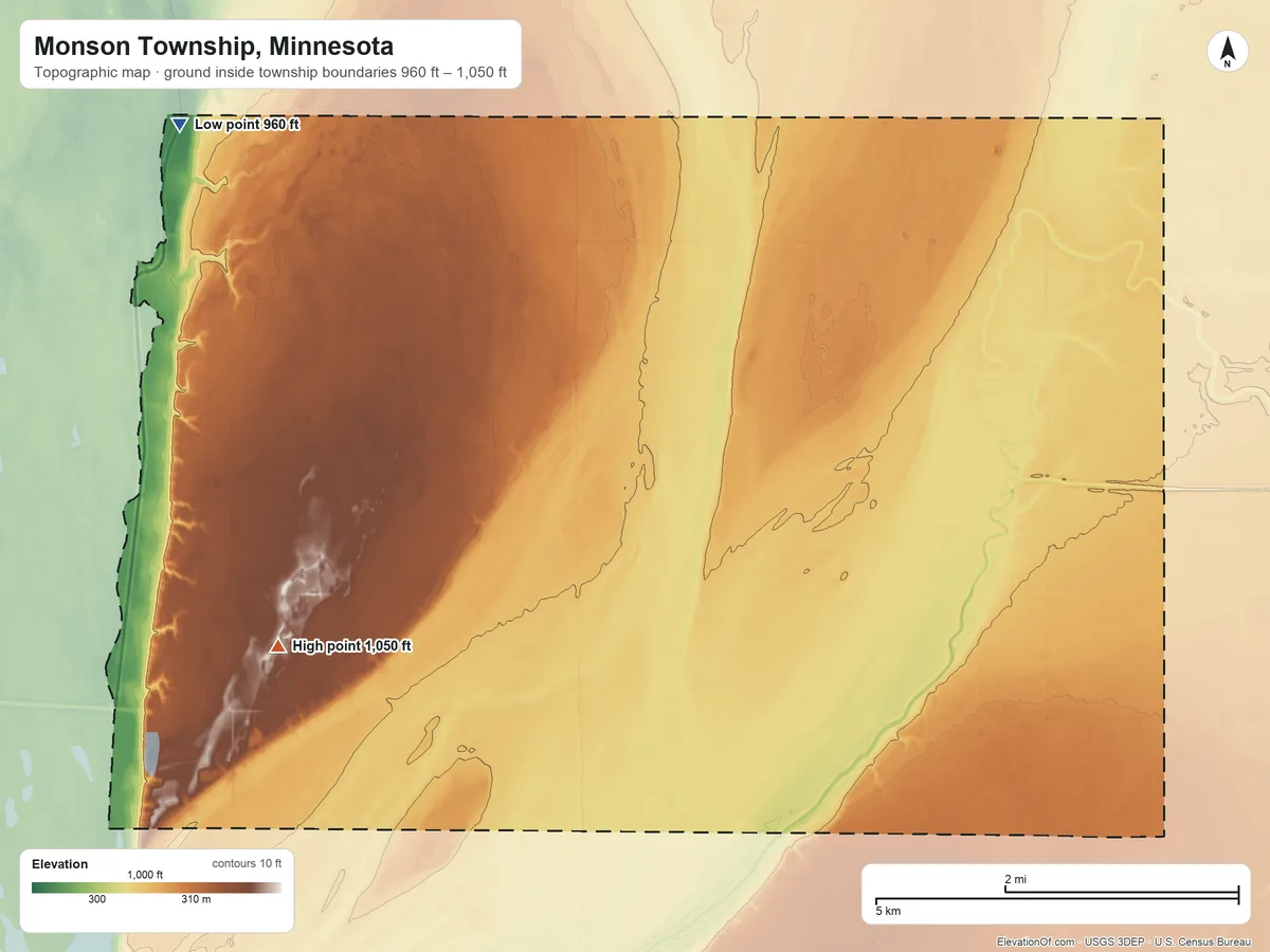 Topographic elevation map of Monson Township, Minnesota, shaded from 960 ft on the northwest side to 1,050 ft on the southwest side