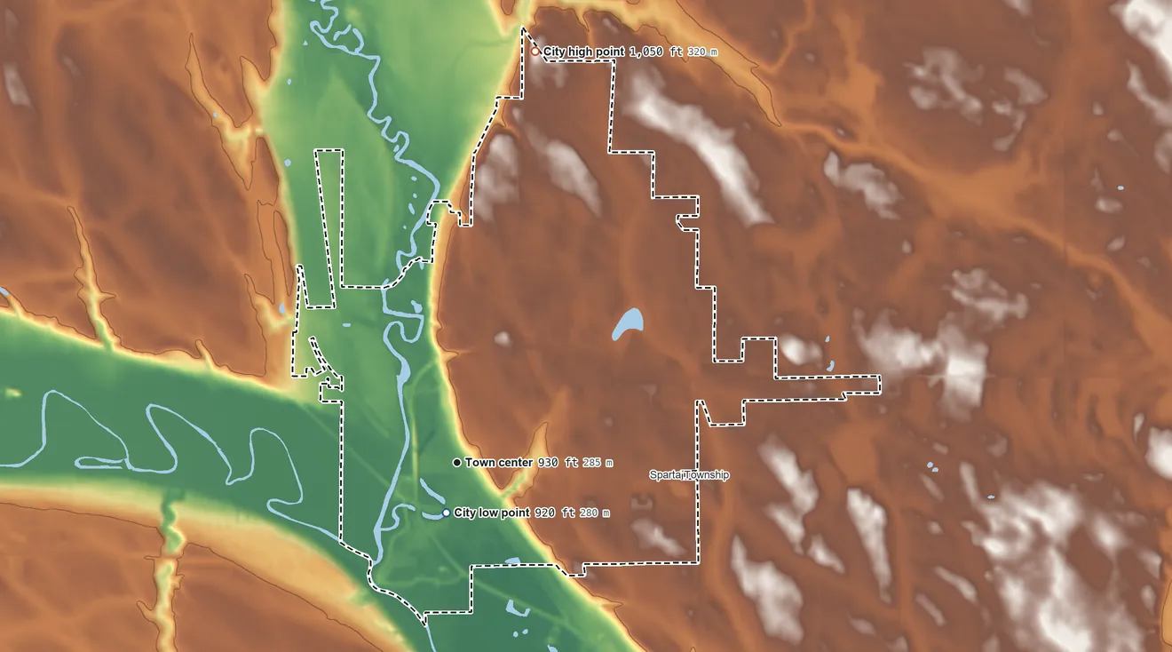 Topographic elevation map of Montevideo, Minnesota, shaded from 920 ft near the middle to 1,050 ft on the north side