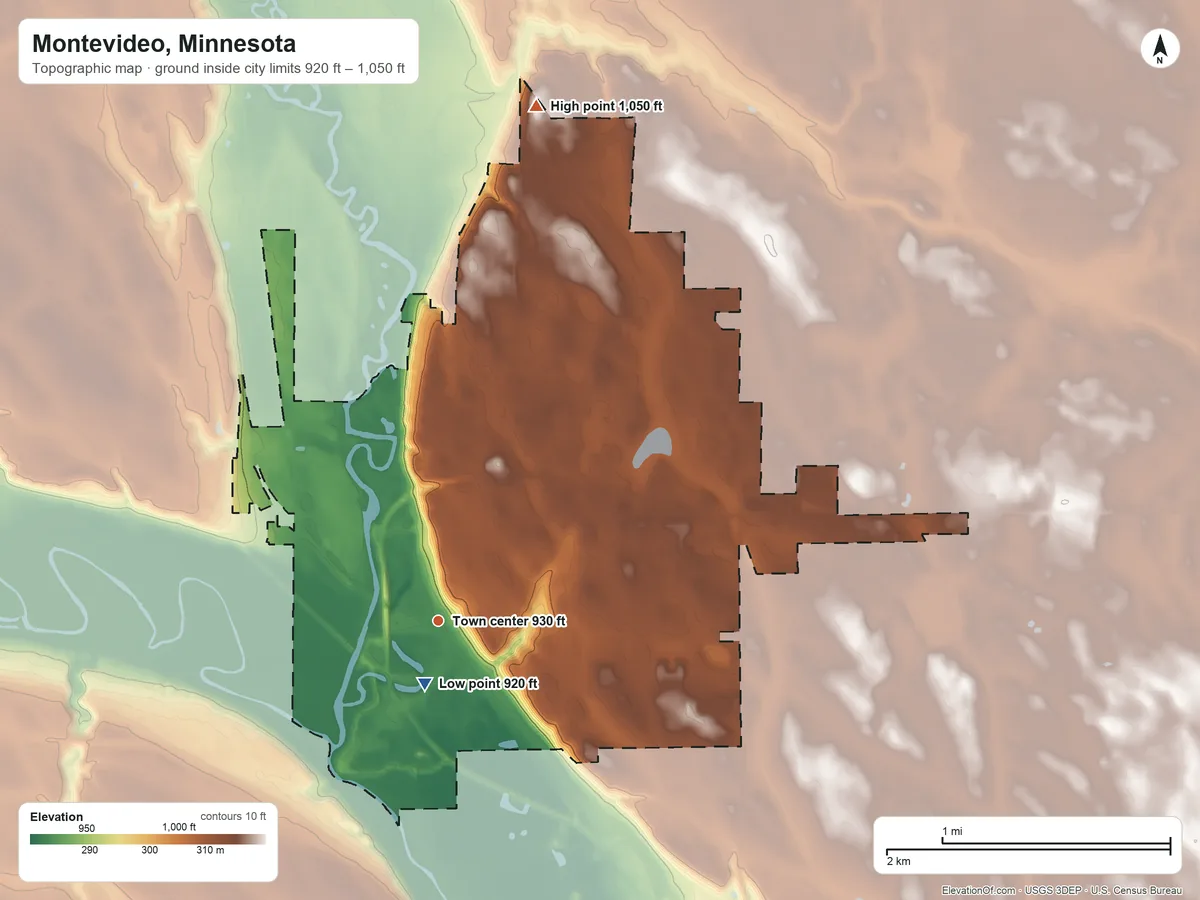 Topographic elevation map of Montevideo, Minnesota, shaded from 920 ft near the middle to 1,050 ft on the north side