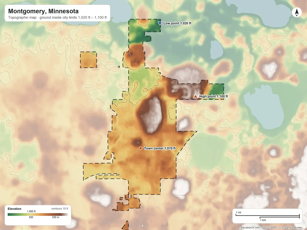 Topographic elevation map of Montgomery, Minnesota, shaded from 1,020 ft on the north side to 1,100 ft on the northeast side