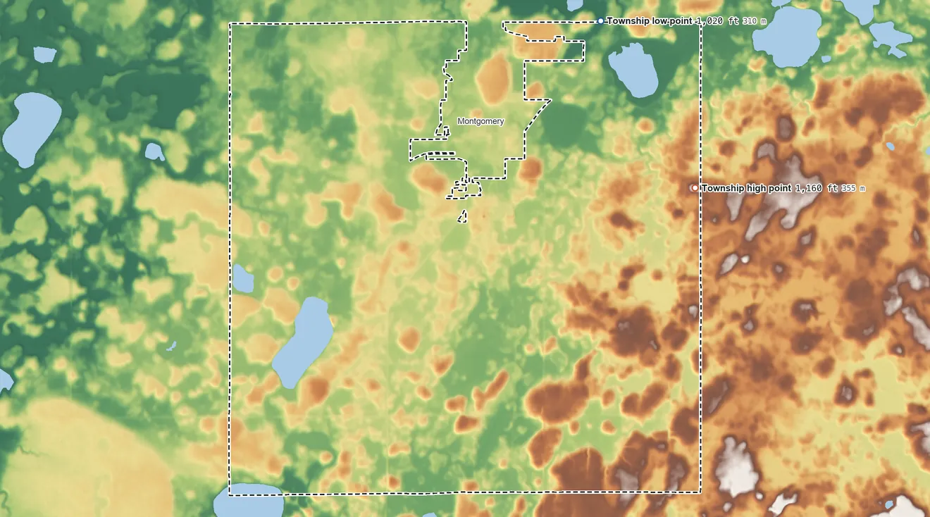 Topographic elevation map of Montgomery Township, Minnesota, shaded from 1,020 ft on the northeast side to 1,160 ft on the east side