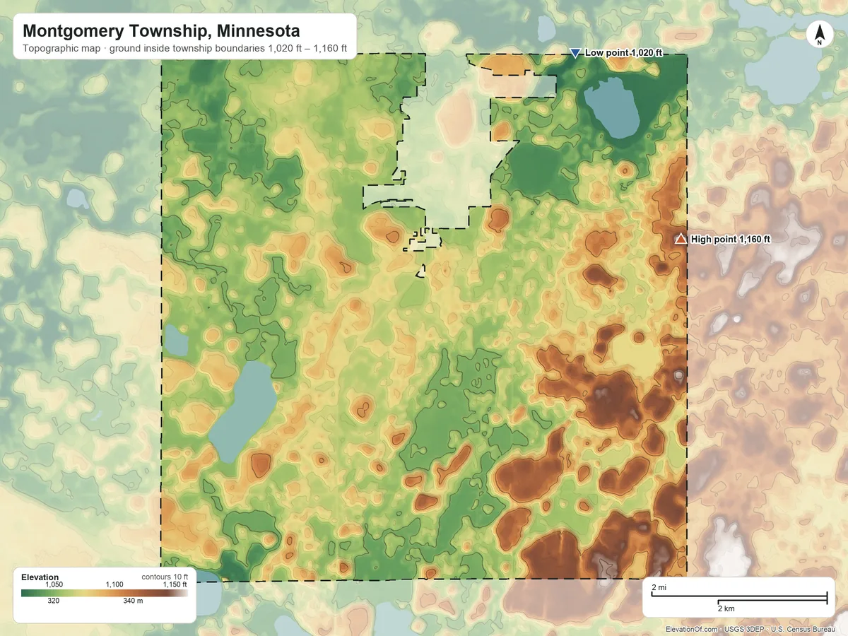Topographic elevation map of Montgomery Township, Minnesota, shaded from 1,020 ft on the northeast side to 1,160 ft on the east side