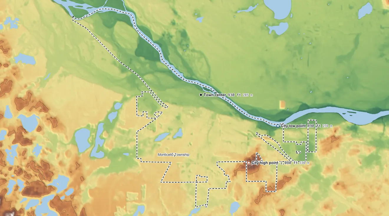 Topographic elevation map of Monticello, Minnesota, shaded from 890 ft on the east side to 1,080 ft on the southeast side