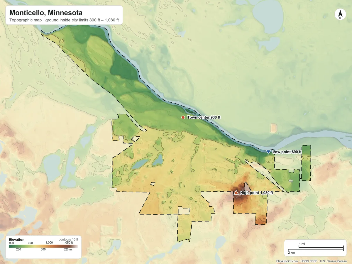 Topographic elevation map of Monticello, Minnesota, shaded from 890 ft on the east side to 1,080 ft on the southeast side