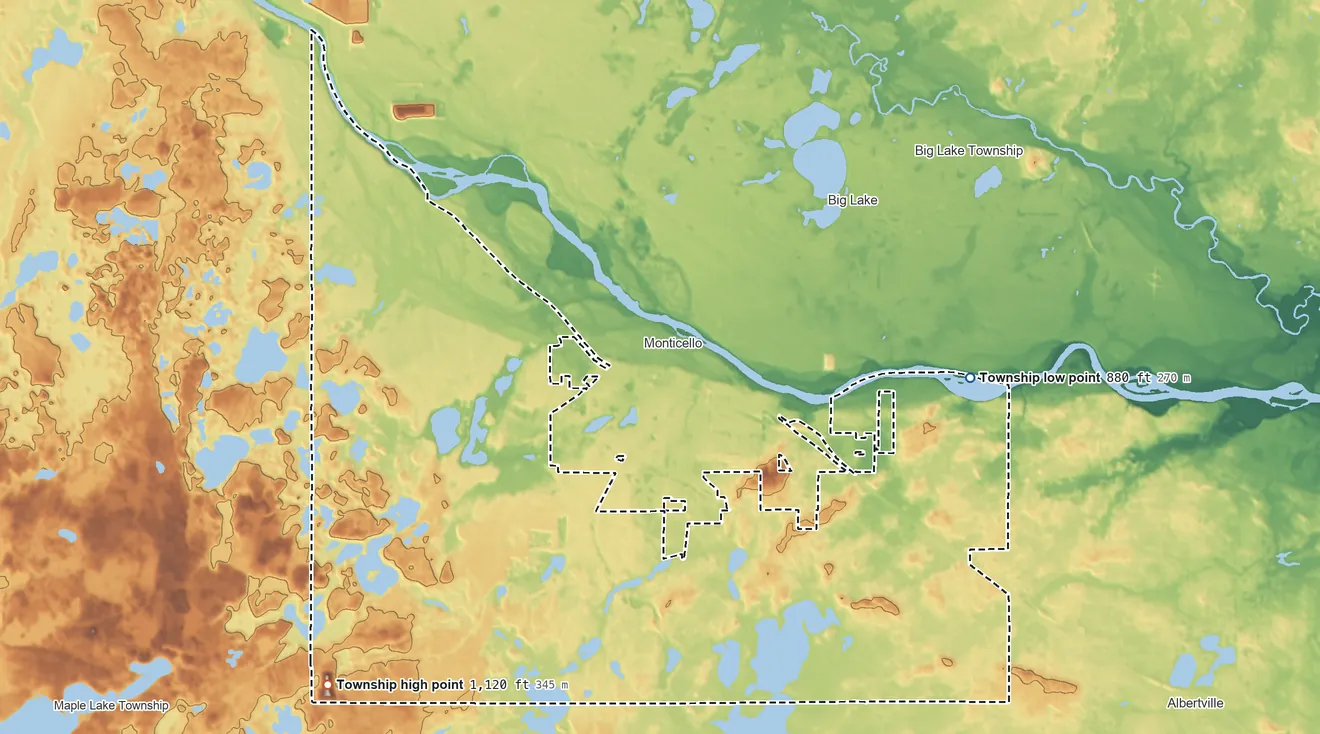 Topographic elevation map of Monticello Township, Minnesota, shaded from 880 ft on the east side to 1,120 ft on the southwest side