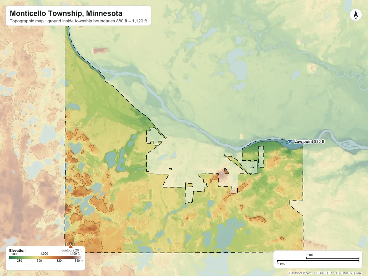 Topographic elevation map of Monticello Township, Minnesota, shaded from 880 ft on the east side to 1,120 ft on the southwest side