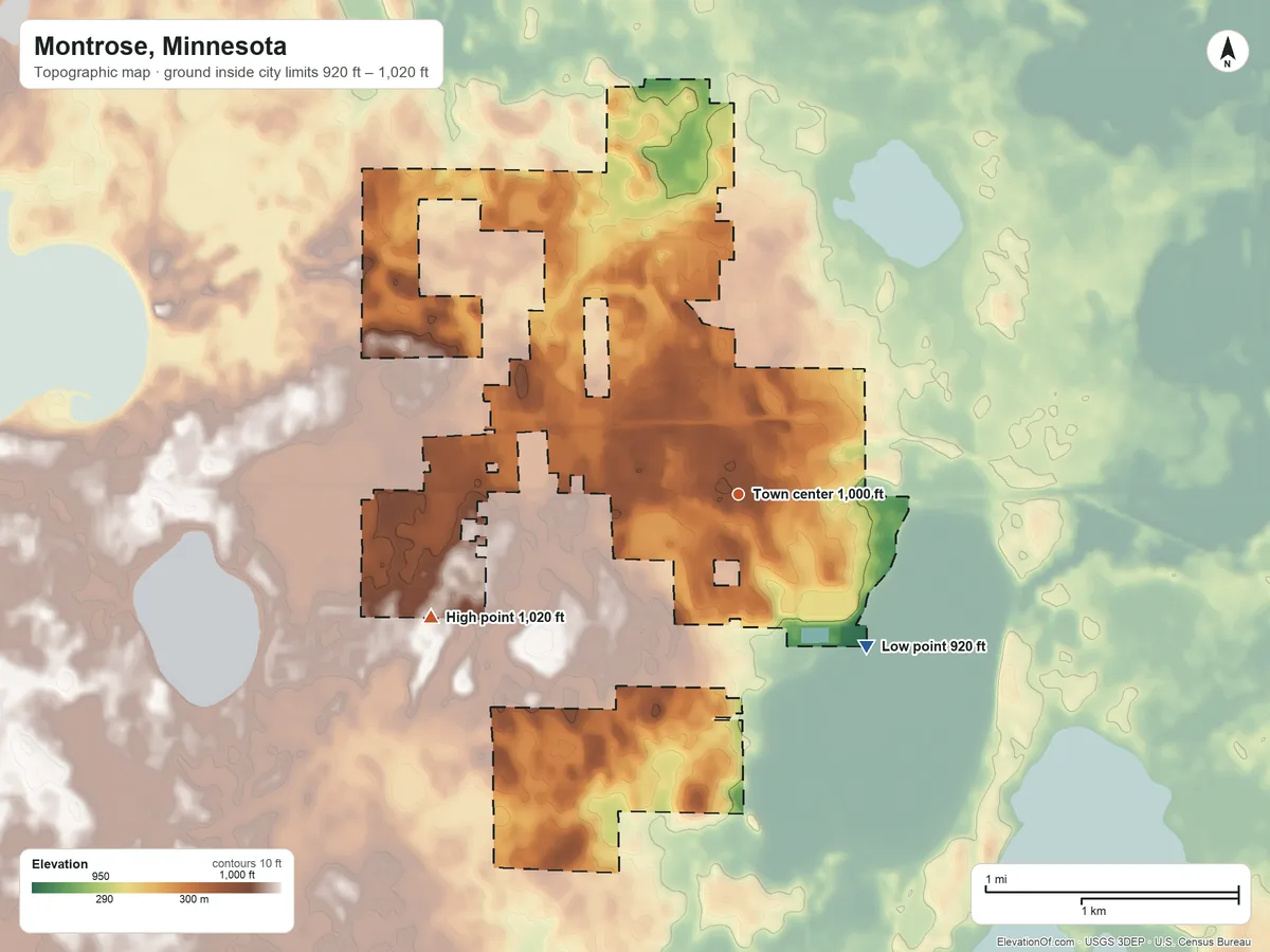 Topographic elevation map of Montrose, Minnesota, shaded from 920 ft on the southeast side to 1,020 ft on the west side