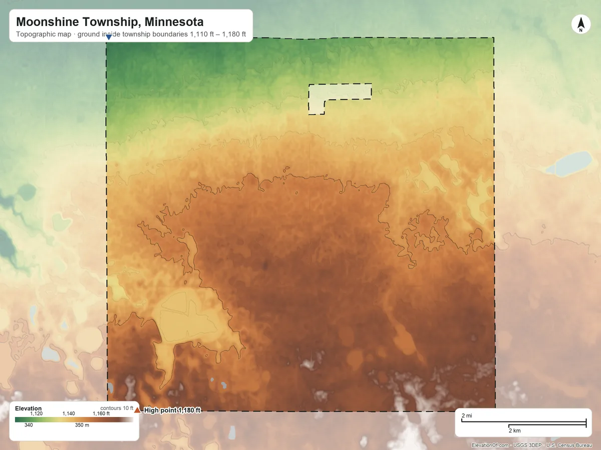 Topographic elevation map of Moonshine Township, Minnesota, shaded from 1,110 ft on the northwest side to 1,180 ft on the southwest side