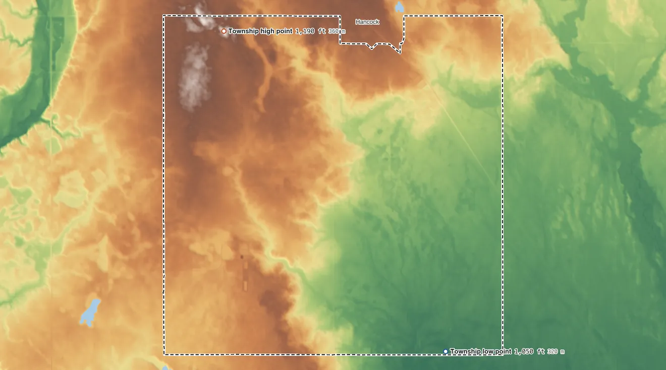 Topographic elevation map of Moore Township, Minnesota, shaded from 1,050 ft on the southeast side to 1,190 ft on the northwest side