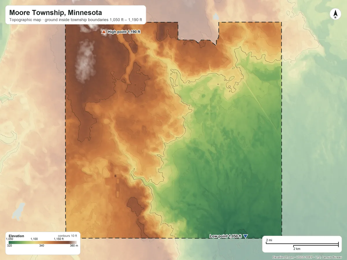 Topographic elevation map of Moore Township, Minnesota, shaded from 1,050 ft on the southeast side to 1,190 ft on the northwest side