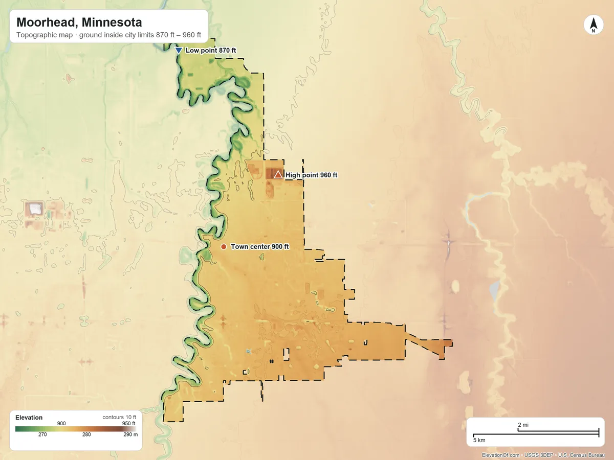 Topographic elevation map of Moorhead, Minnesota, shaded from 870 ft on the north side to 960 ft on the northeast side