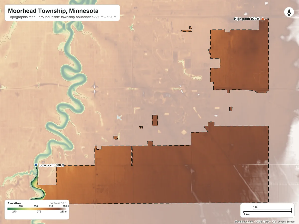 Topographic elevation map of Moorhead Township, Minnesota, shaded from 880 ft on the west side to 920 ft on the northeast side