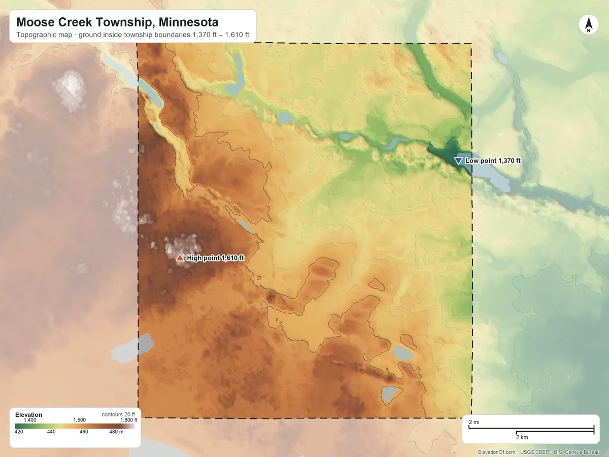 Topographic elevation map of Moose Creek Township, Minnesota, shaded from 1,370 ft on the east side to 1,610 ft on the southwest side