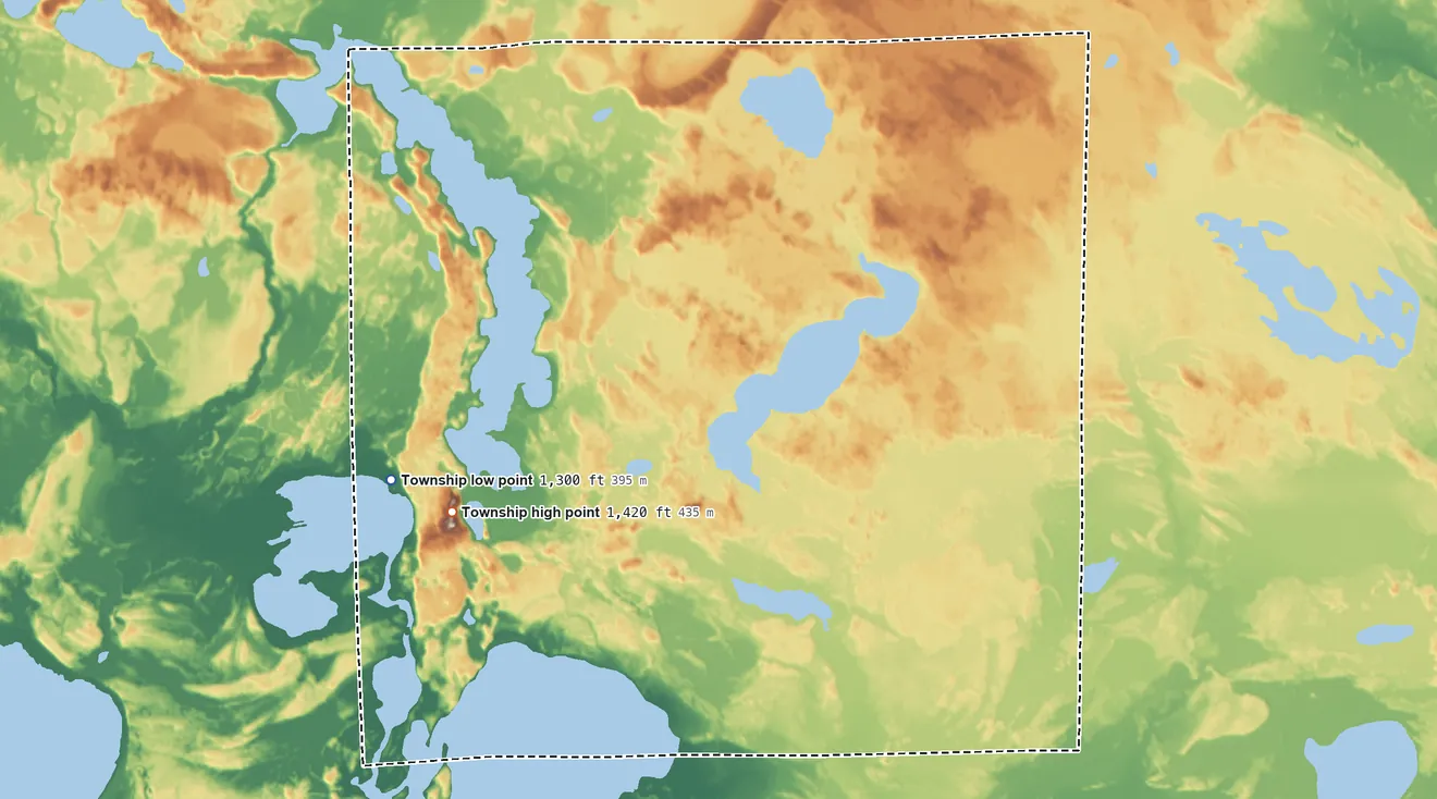 Topographic elevation map of Moose Lake Township, Beltrami County, Minnesota, shaded from 1,300 ft on the west side to 1,420 ft on the west side
