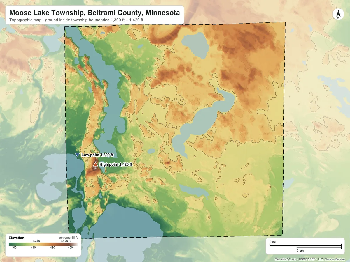 Topographic elevation map of Moose Lake Township, Beltrami County, Minnesota, shaded from 1,300 ft on the west side to 1,420 ft on the west side