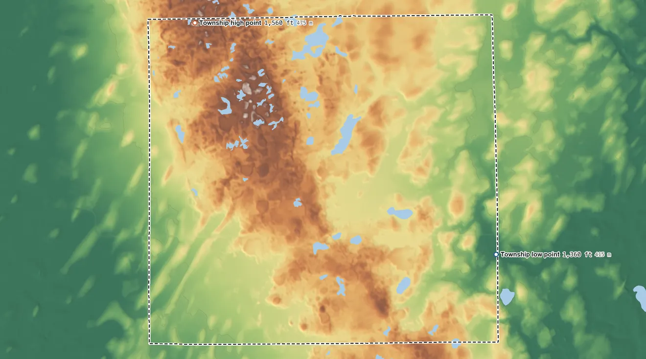 Topographic elevation map of Moose Lake Township, Cass County, Minnesota, shaded from 1,360 ft on the southeast side to 1,560 ft on the northwest side