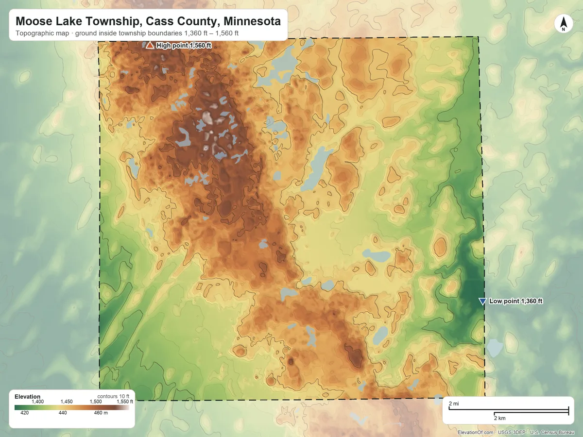Topographic elevation map of Moose Lake Township, Cass County, Minnesota, shaded from 1,360 ft on the southeast side to 1,560 ft on the northwest side