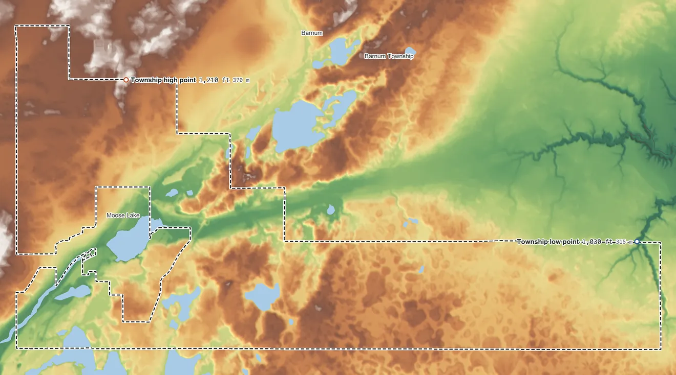 Topographic elevation map of Moose Lake Township, Minnesota, shaded from 1,030 ft on the east side to 1,210 ft on the north side