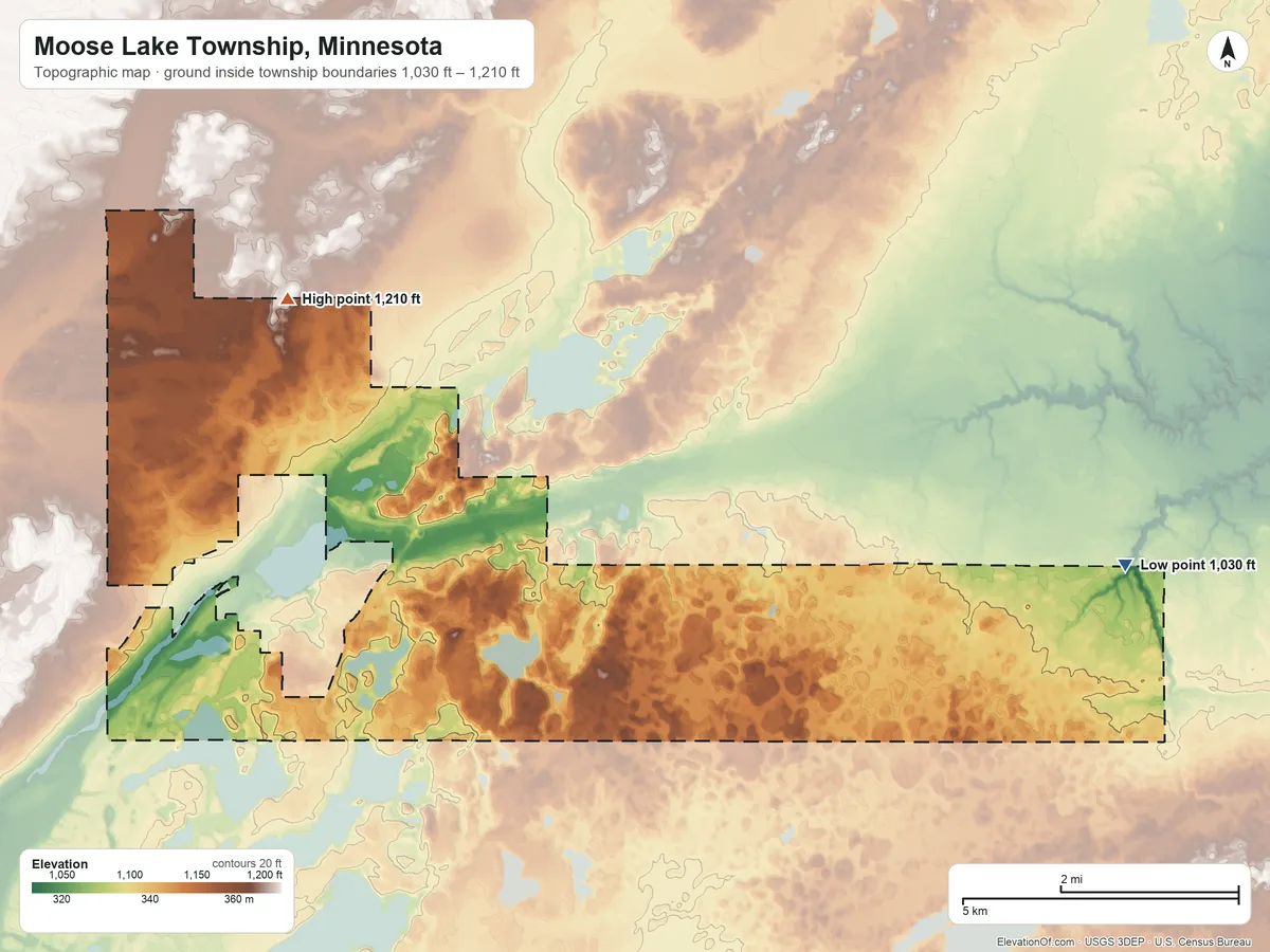Topographic elevation map of Moose Lake Township, Minnesota, shaded from 1,030 ft on the east side to 1,210 ft on the north side