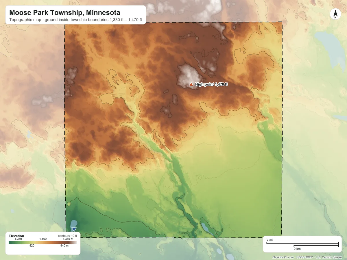 Topographic elevation map of Moose Park Township, Minnesota, shaded from 1,330 ft on the southwest side to 1,470 ft on the southeast side