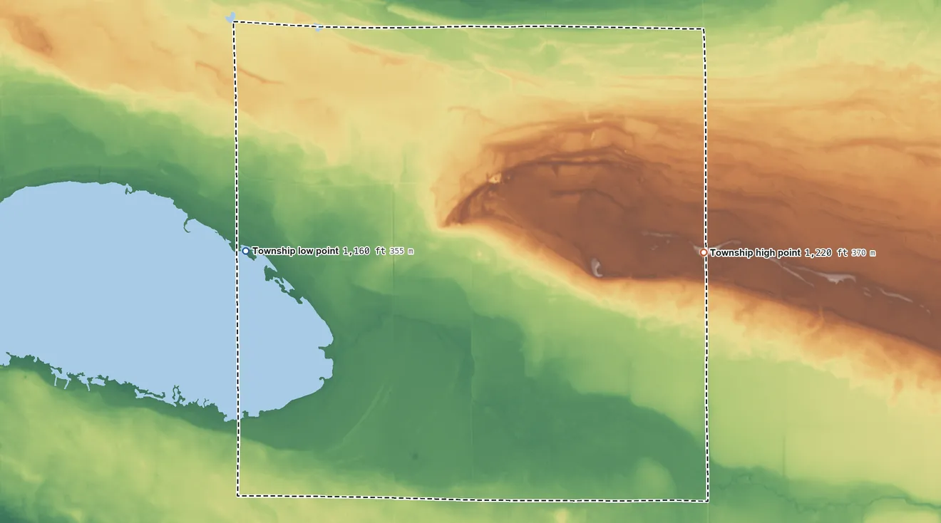 Topographic elevation map of Moose River Township, Minnesota, shaded from 1,160 ft on the west side to 1,220 ft on the east side