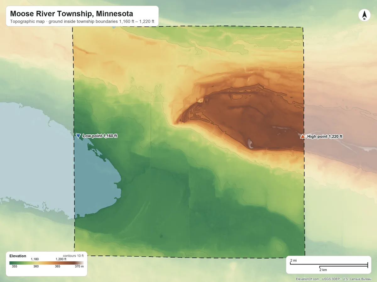 Topographic elevation map of Moose River Township, Minnesota, shaded from 1,160 ft on the west side to 1,220 ft on the east side