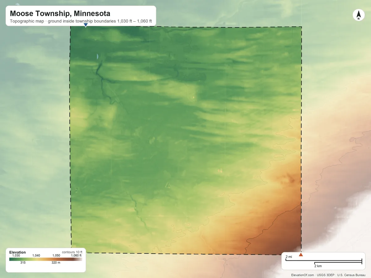 Topographic elevation map of Moose Township, Minnesota, shaded from 1,030 ft on the northwest side to 1,060 ft on the southeast side