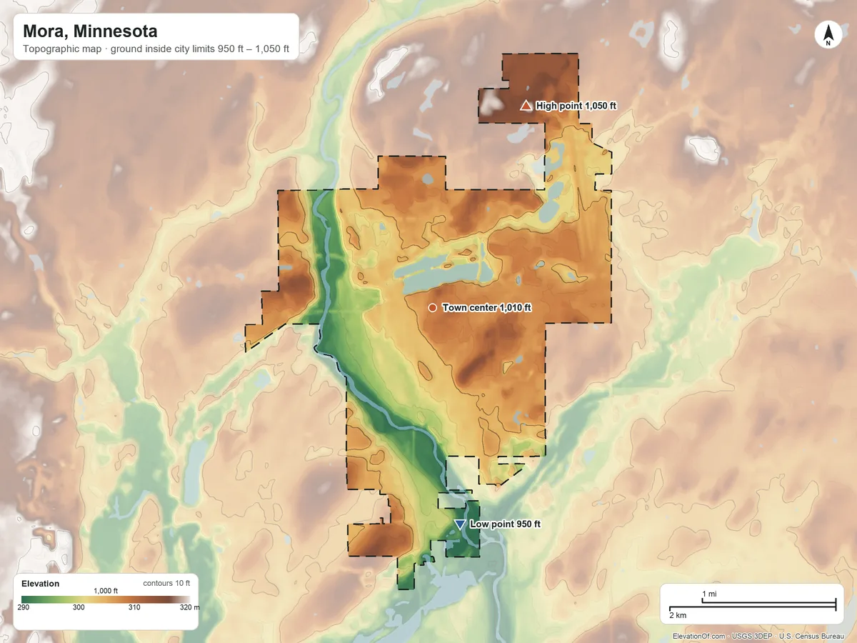 Topographic elevation map of Mora, Minnesota, shaded from 950 ft on the south side to 1,050 ft on the northeast side