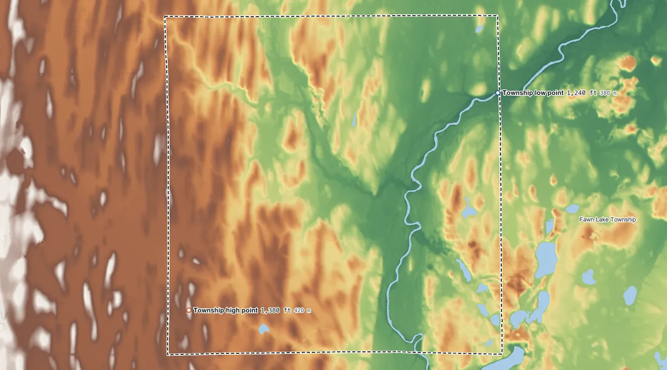 Topographic elevation map of Moran Township, Minnesota, shaded from 1,240 ft on the northeast side to 1,380 ft on the southwest side