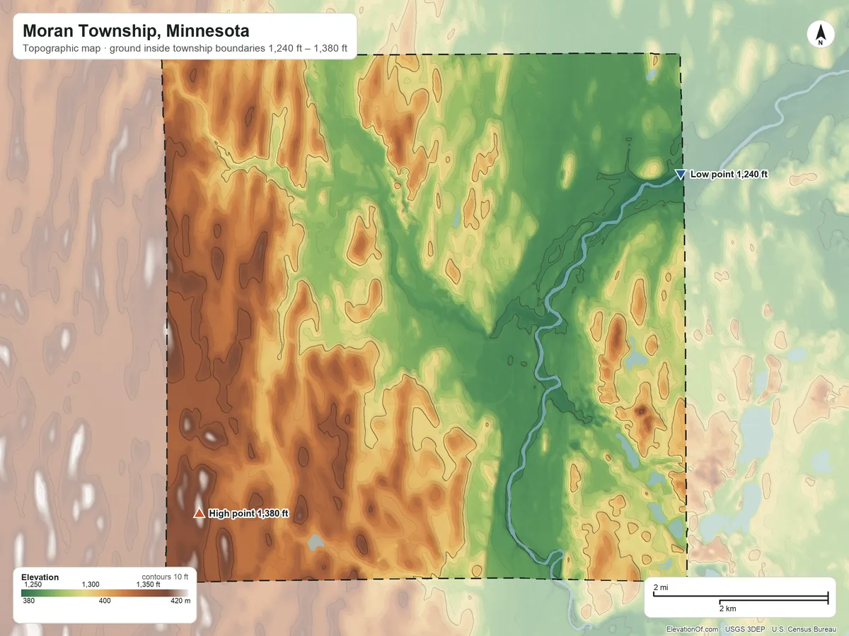 Topographic elevation map of Moran Township, Minnesota, shaded from 1,240 ft on the northeast side to 1,380 ft on the southwest side