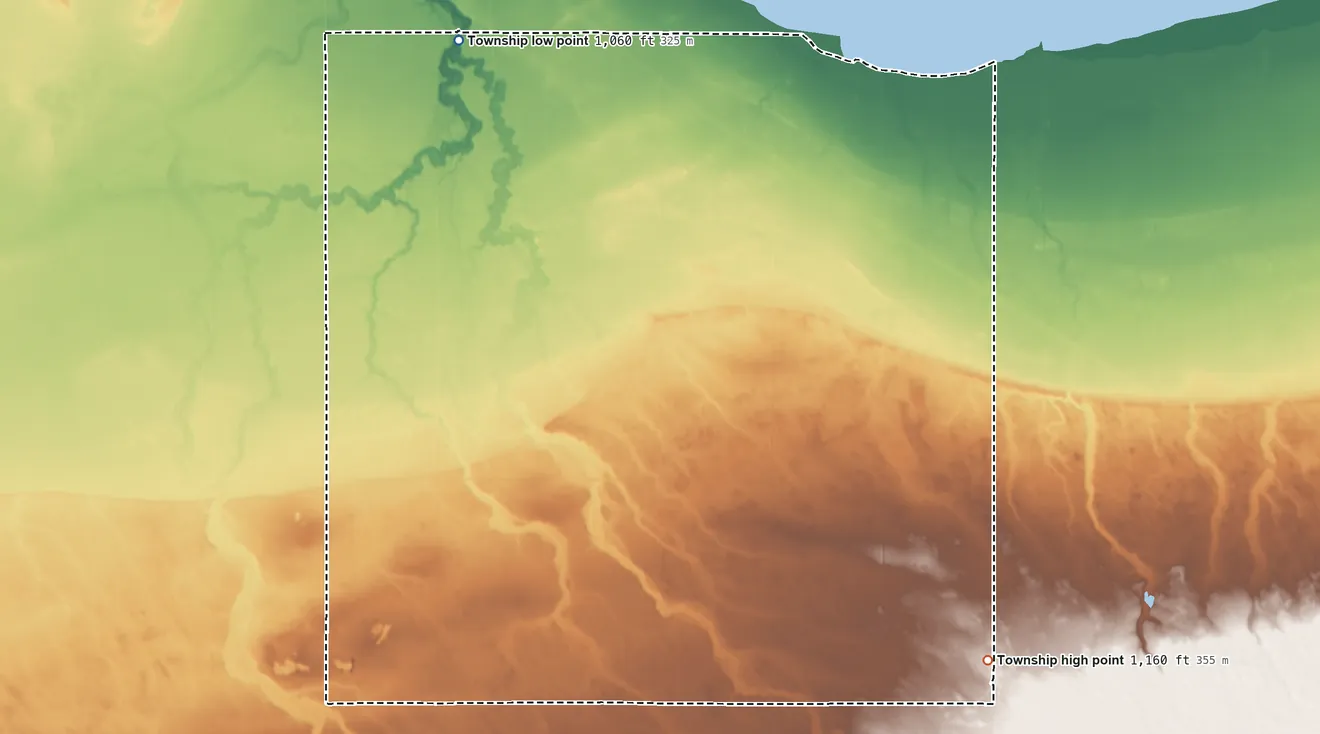 Topographic elevation map of Moranville Township, Minnesota, shaded from 1,060 ft on the northwest side to 1,160 ft on the southeast side