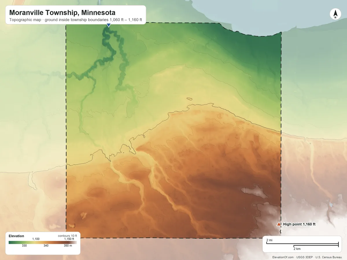 Topographic elevation map of Moranville Township, Minnesota, shaded from 1,060 ft on the northwest side to 1,160 ft on the southeast side