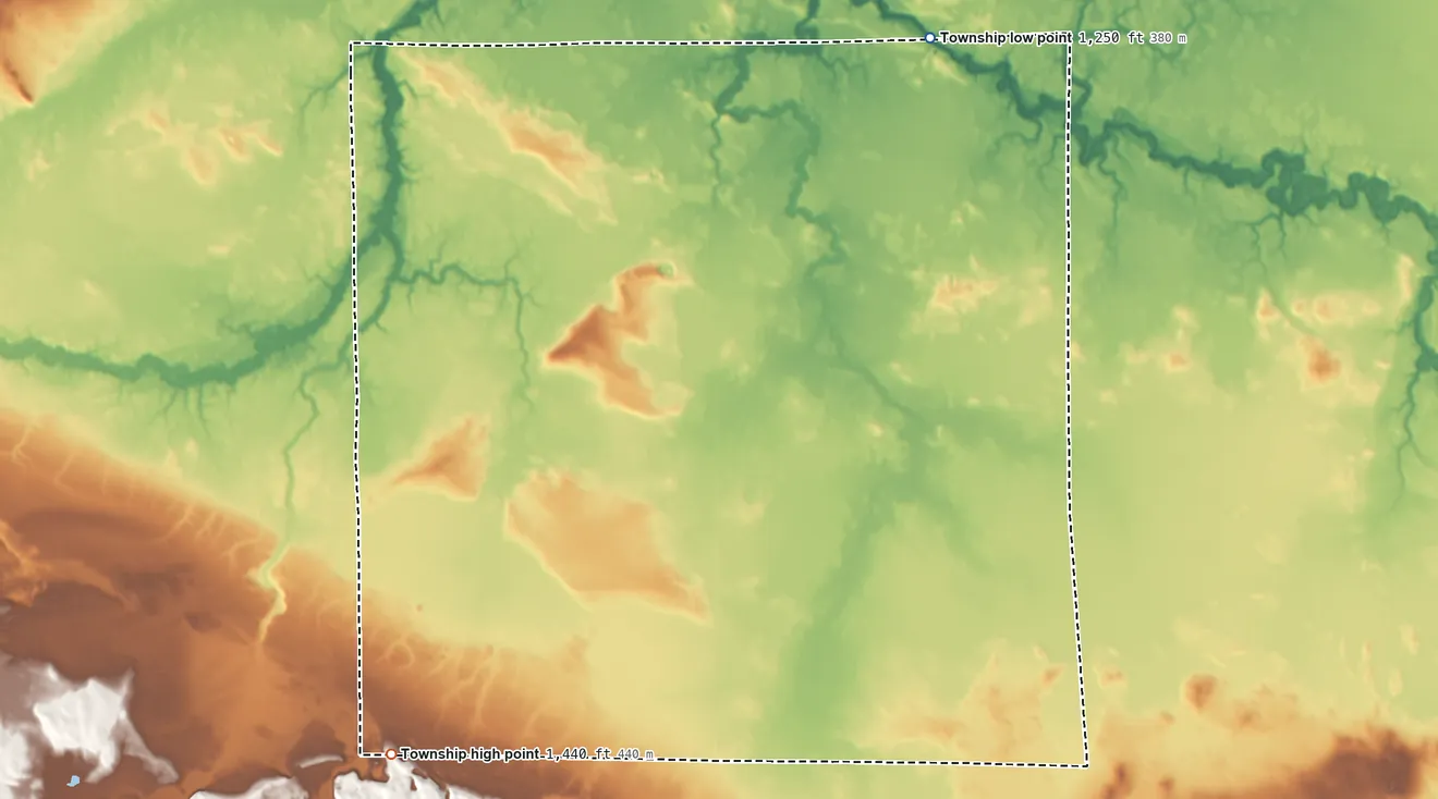 Topographic elevation map of Morcom Township, Minnesota, shaded from 1,250 ft on the northeast side to 1,440 ft on the southwest side