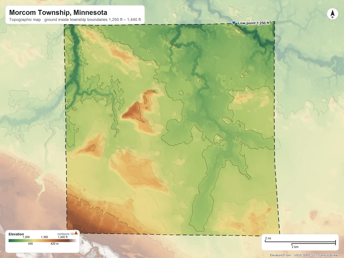 Topographic elevation map of Morcom Township, Minnesota, shaded from 1,250 ft on the northeast side to 1,440 ft on the southwest side