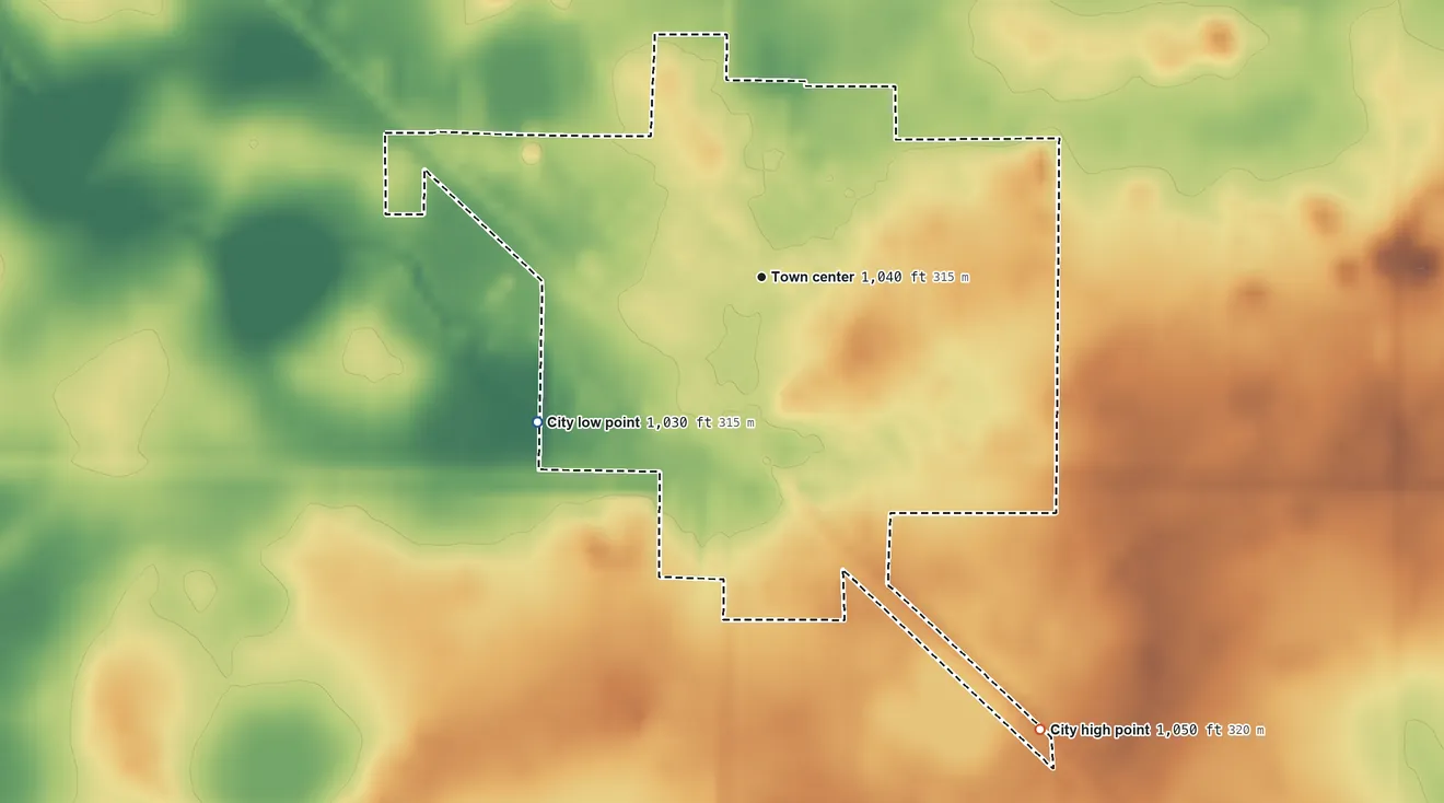 Topographic elevation map of Morgan, Minnesota, shaded from 1,030 ft on the southwest side to 1,050 ft on the southeast side