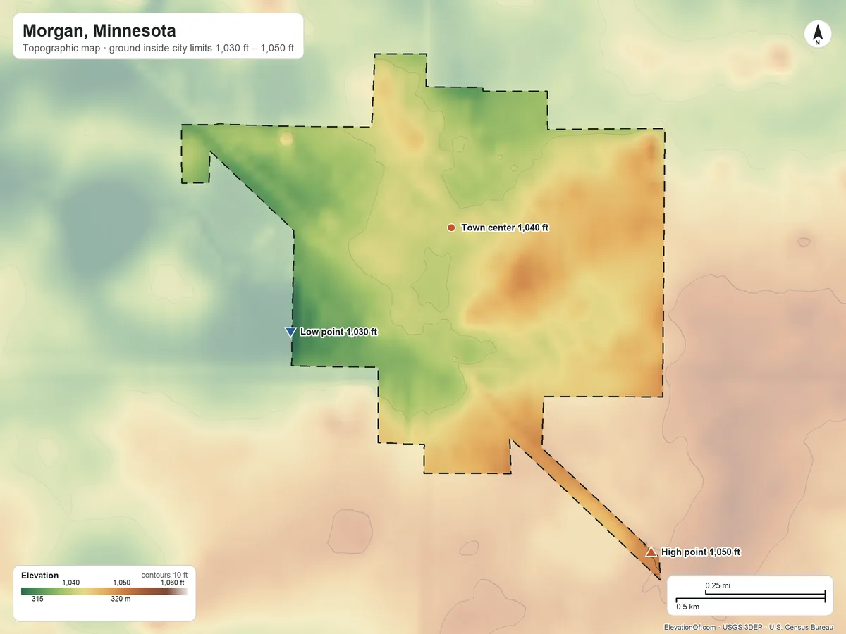 Topographic elevation map of Morgan, Minnesota, shaded from 1,030 ft on the southwest side to 1,050 ft on the southeast side