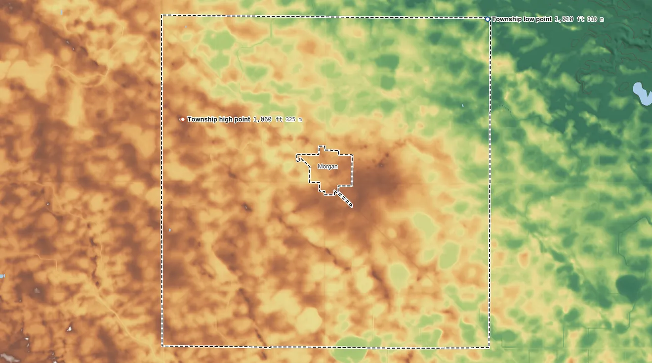 Topographic elevation map of Morgan Township, Minnesota, shaded from 1,010 ft on the northeast side to 1,060 ft on the west side
