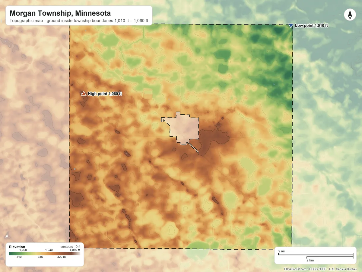 Topographic elevation map of Morgan Township, Minnesota, shaded from 1,010 ft on the northeast side to 1,060 ft on the west side