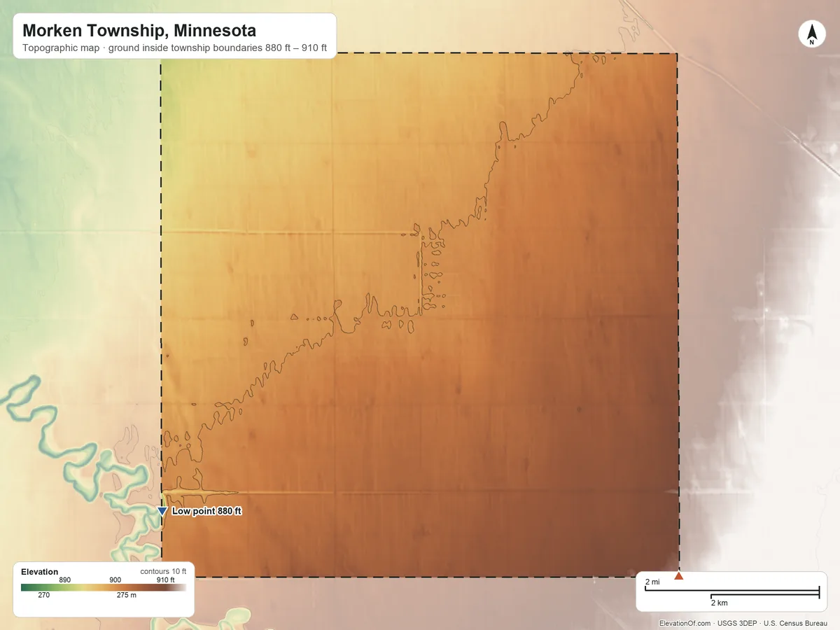 Topographic elevation map of Morken Township, Minnesota, shaded from 880 ft on the southwest side to 910 ft on the southeast side