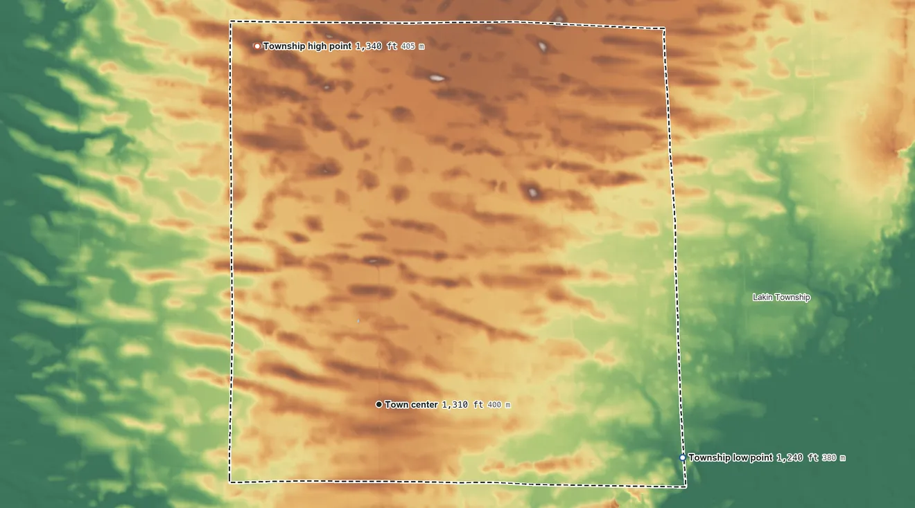 Topographic elevation map of Morrill Township, Minnesota, shaded from 1,240 ft on the east side to 1,340 ft on the north side