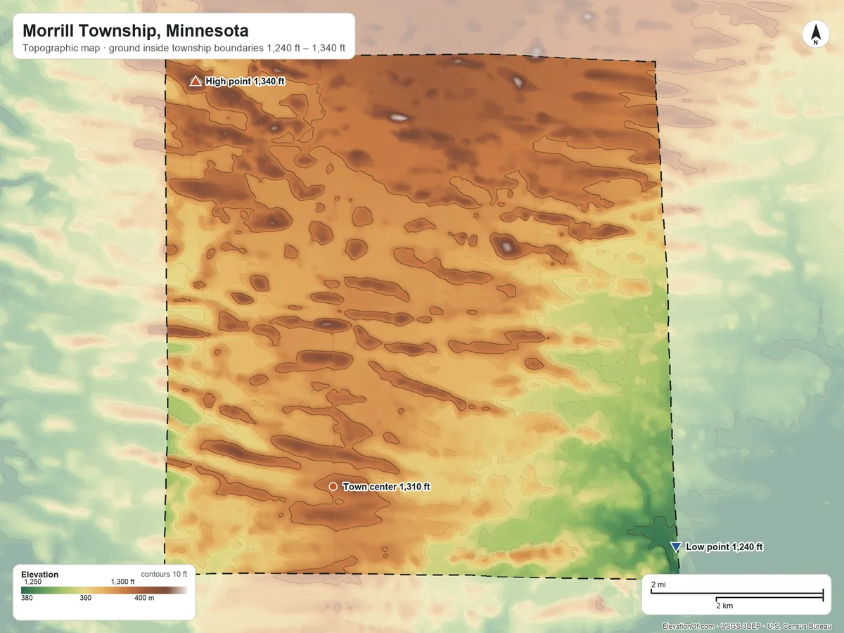 Topographic elevation map of Morrill Township, Minnesota, shaded from 1,240 ft on the east side to 1,340 ft on the north side